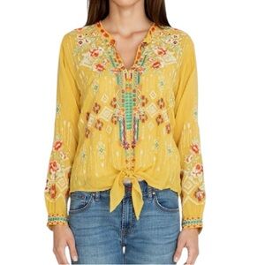 Johnny Was Donya Top Long Sleeve Shirt Embroidered Yellow Boho Women’s‎ Small